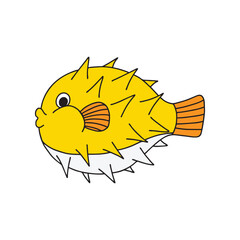 Cute cartoon puffer fish on a white background. Child vector illustration in doodle style