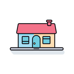 Vector flat icon of a colorful house with a pink roof and a blue door