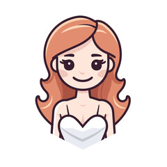Vector flat icon of a woman with long red hair wearing a white dress, depicted in a vector flat icon
