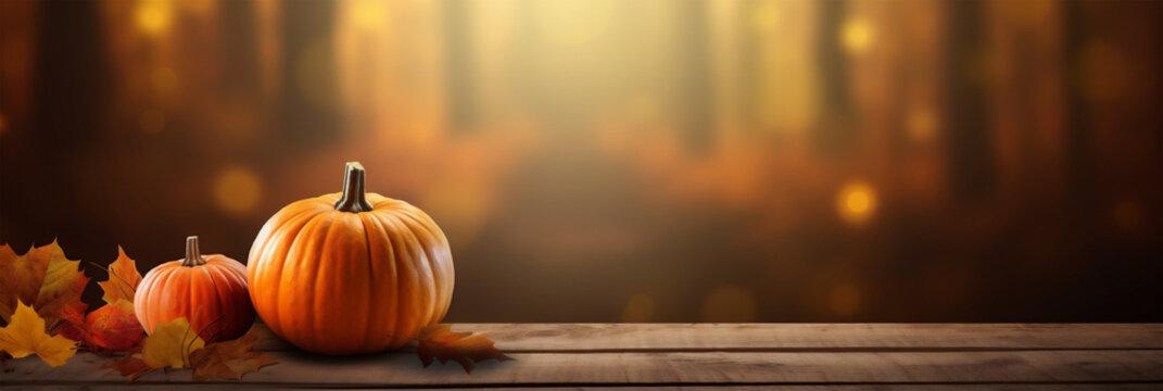 Pumpkins and autumn leaves on wooden planks with copy space,forest background, fall and halloween panoramic web banner