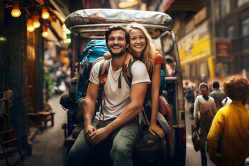 Portrait of ayoung happy couple of travellers on a budget with backpacks  in a street of a busy city in a developing country, adventure backpackers travel illustration - obrazy, fototapety, plakaty