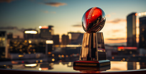 A realistic American football championship cup in the form of a ball stands on a mirror table against the backdrop of an evening city. Copy space. Ai