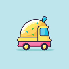 Vector flat icon of a vibrant yellow and pink truck against a picturesque blue sky