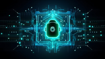 Future Technology Cyber Security, Neon Lightning HUD and Lock Icon Ensure Digital Data Network Protection. Generative AI.