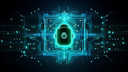 Fototapeta premium Future Technology Cyber Security, Neon Lightning HUD and Lock Icon Ensure Digital Data Network Protection. Generative AI.
