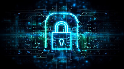 Obraz premium Future Technology Cyber Security, Neon Lightning HUD and Lock Icon Ensure Digital Data Network Protection. Generative AI.
