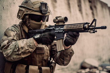 Generative AI illustration of military man in uniform and helmet with gun aiming on battlefield