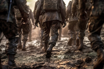 Generative AI illustration of back view crop group of soldiers in uniform and boots walking on muddy road