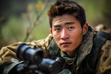 Generative AI illustration portrait of concentrated young Asian soldier with rifle on blurred background