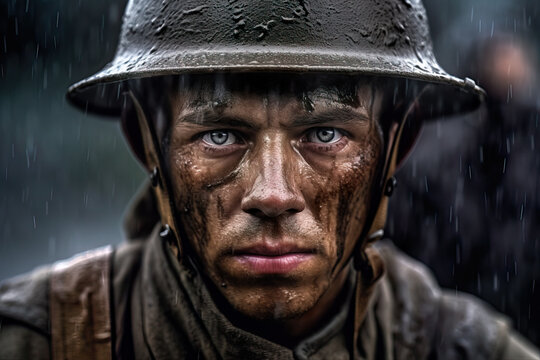 Generative AI illustration portrait of unemotional soldier in hardhat covered in mud looking at camera in the rain