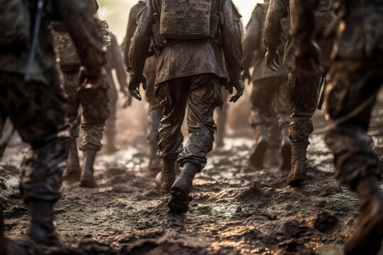 Generative AI illustration of back view crop group of soldiers in uniform and boots walking on muddy road