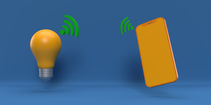 Mobile phone connected to LI-FI Light Fidelity technology light bulb transmitting data, high speed internet. 3D render global communication background, copy space. Lifi symbol illustration design.