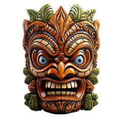 Maori tiki idol mask, totem. Spirit, protection. Symbolism. Wooden carved sculpture. White or transparent background, png. Ai generated - obrazy, fototapety, plakaty