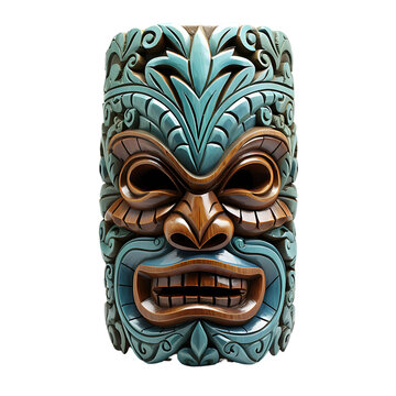 Maori tiki idol mask, totem. Spirit, protection. Symbolism. Wooden carved sculpture. White or transparent background, png. Ai generated