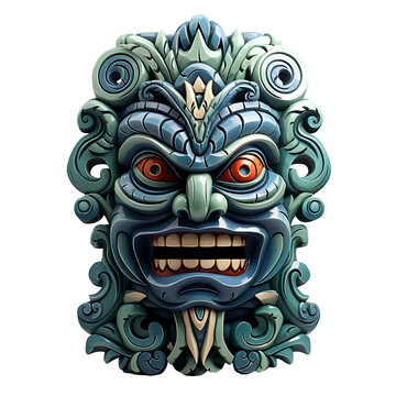 Maori tiki idol mask, totem. Spirit, protection. Symbolism. Wooden carved sculpture. White or transparent background, png. Ai generated