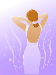 Abstract minimalistic female figure with raised hands on gradient lilac background, rear view.