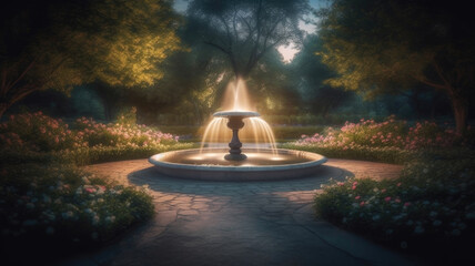 Vibrant Fountain in Spring. Generative AI