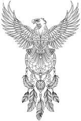 Eagle with wings spread and holding native Indian dreamcatcher, head turned in profile. Front view, vertical. Traditional outline tattoo. Black and white vector vector