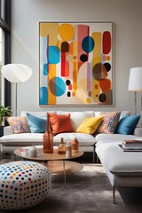 Brightly colored living room with yellow and blue accents, in the style of pointillist dots and dashes. Generative AI