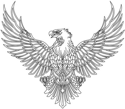 Eagle with wings spread, head turned in profile. Traditional outline tattoo. Black and white vector illustration