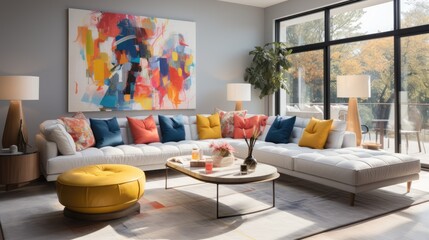 Brightly colored living room with yellow and blue accents, in the style of pointillist dots and dashes. Generative AI