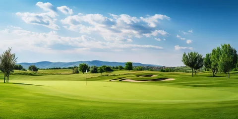 Fotobehang Panoramic view of Golf Course. Golf field with a rich green turf beautiful scenery. Generative AI © AngrySun