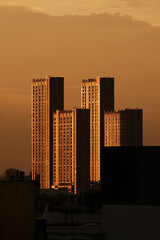 silhouette building in the golden light at sunset