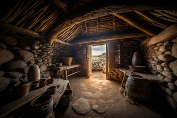 Fototapeta na wymiar Interior of an ancient hut. Old room. The dwelling of ancient people. Wild tribe village. Generative Ai