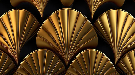 Seamless golden Art Deco scallop palm fan line pattern. Generative Ai