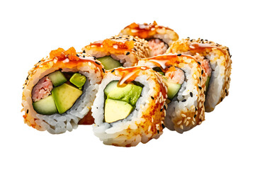 Sushi Roll Combo, A variety of sushi rolls with different fillings like tuna, salmon, avocado, and cucumber - Generative AI