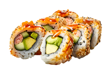 Sushi Roll Combo, A variety of sushi rolls with different fillings like tuna, salmon, avocado, and cucumber - Generative AI