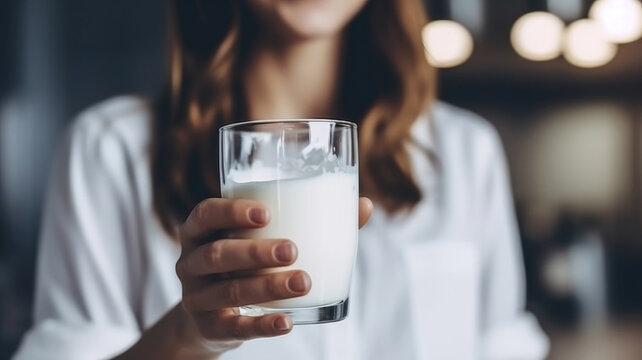 Radiant Woman Enjoying a Glass of Milk in a Cozy Kitchen. Generative AI