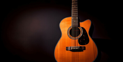 Naklejka premium Acoustic guitar on a dark background. Close-up image.