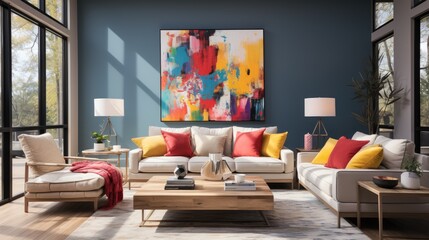 Brightly colored living room with yellow and blue accents, in the style of pointillist dots and dashes. Generative AI
