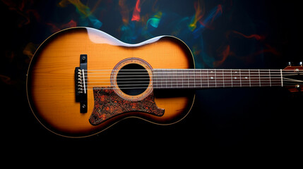 Acoustic guitar on a dark background. Close-up view.