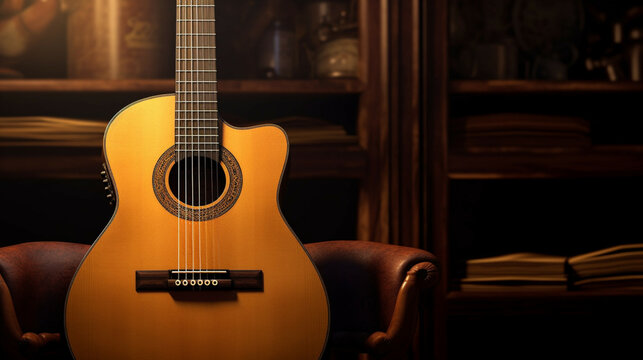 Acoustic guitar on a brown leather chair in an old library.