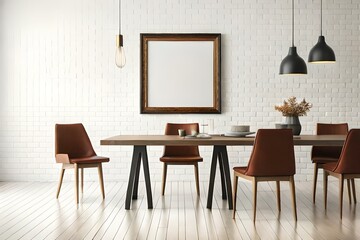 Wooden frame mockup on white wall in the dining room, blank square frame with copy space