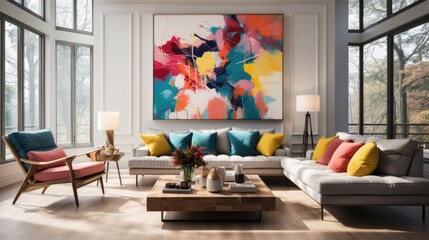 Brightly colored living room with yellow and blue accents, in the style of pointillist dots and dashes. Generative AI