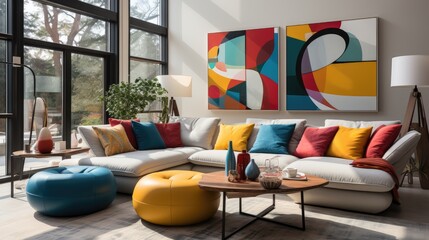 Brightly colored living room with yellow and blue accents, in the style of pointillist dots and dashes. Generative AI