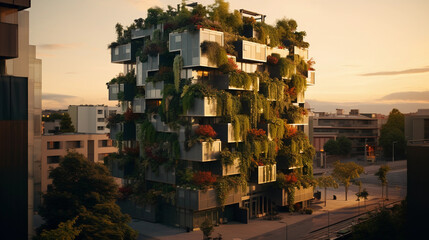a vertical garden on a city building, symbolizing urban greening, dramatic sunset lighting, drone shot