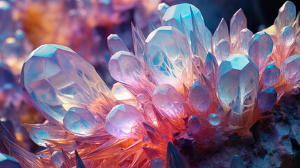 crystal formations, vibrant colours, illuminated from within, dreamy, mystical, fractal - like patterns