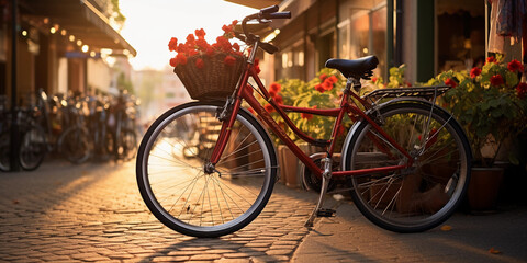Fototapeta na wymiar a bicycle parked in front of a local organic food market, representing sustainable transportation and consumption, soft evening light
