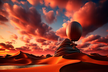 A balloon flies around a spaghetti-like building in a desert. Astonishingly beautiful burning sunset sky with fluffy cumulus clouds, dunes in harsh shadows, and a small lake.