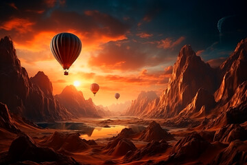 Fototapeta premium Hot air balloons fly over an astonishingly beautiful, dreamy landscape with harsh terrain full of sharp mountain ridges, a body of water, and a burning sky.