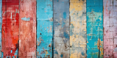 Textured patterns of old, distressed, multi - colored peeling paint on a wooden surface, vibrant, grungy, urban decay