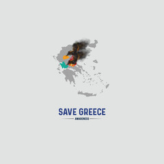 Greece country fire affected awareness concept. Greece map on fire vector illustration.