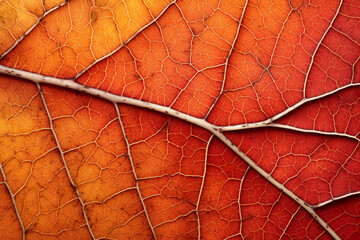 image of an autumn leaf's texture, emphasizing the veins and the vibrant mix of orange, red, and yellow colors - Powered by Adobe