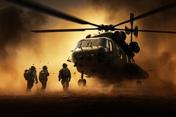 Group of special forces soldiers in front of a helicopter in the sandy dust. Wind from propeller blades. AI generated image.