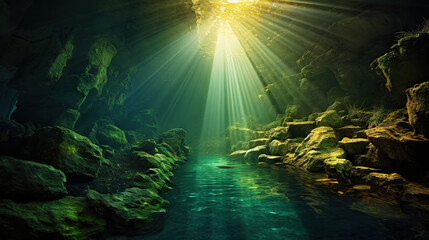 Obraz premium Underwater sunlight through the water surface seen from a rocky seabed with algae. Generative AI