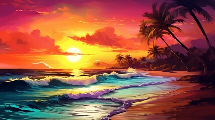 Epic landscape of afternoon view in the beach, stunning and colorful art. Generative ai
